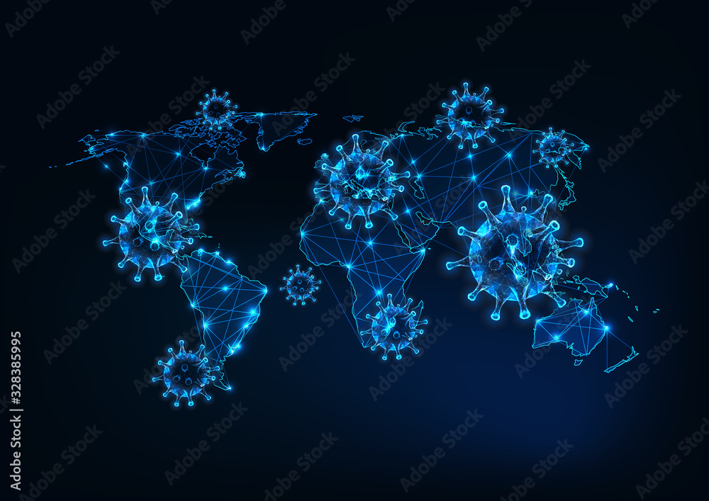 Futuristic coronavirus pandemic over the world with glowing low polygonal virus cells and world map - obrazy, fototapety, plakaty 