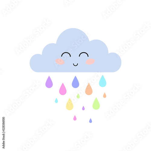 Cute cartoon face cloud with colorful rain drops. Vector illustration