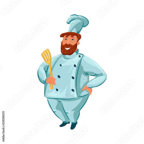 The happy chef-cook male character holding a wooden spatula. Vector illustration in flat cartoon style.