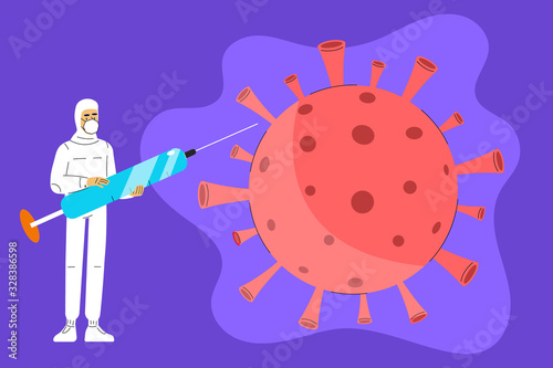 Corona virus concept. Novel coronavirus (2019-nCoV). Man or doctor in white medical face mask holding injection needle, making medical treat. Concept of coronavirus quarantine. Vector illustration.