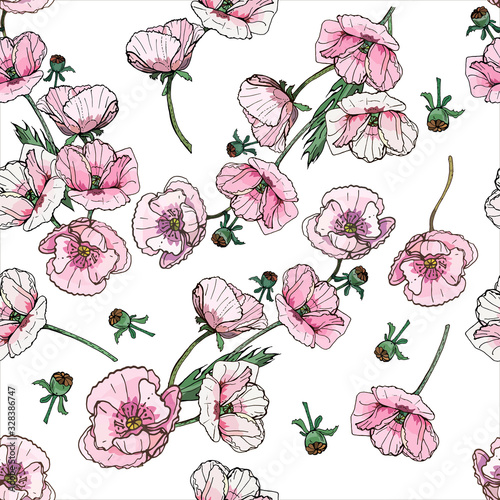 Seamless floral pattern with hand- drawn garden poppies, lilac, monochrome and pink. Papaver somniferum L. Infinite texture for your design, romantic greeting cards, advertising, fabrics