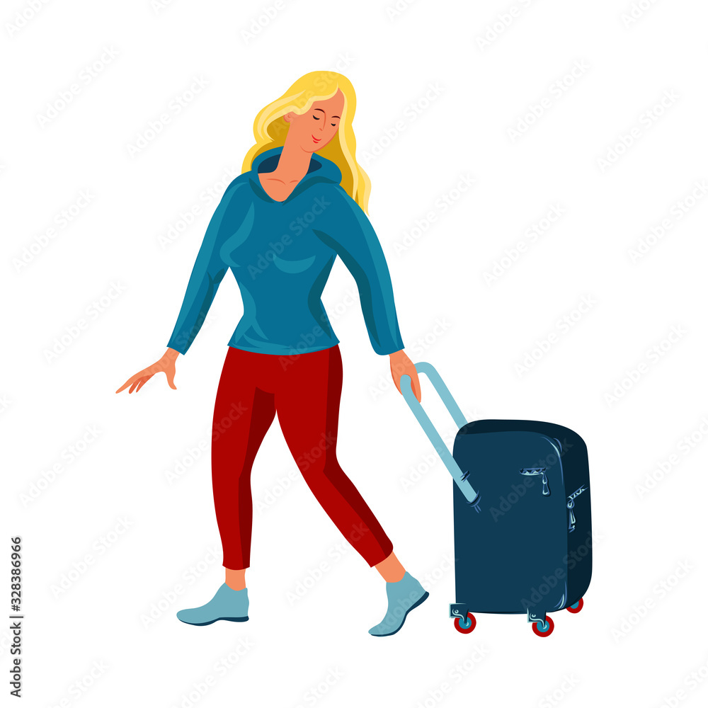 A cute light-haired woman carries a blue travel stroller suitcase. Vector illustration in flat cartoon style. A cute light-haired woman carries a blue travel stroller suitcase. Vector illustration in flat cartoon style.