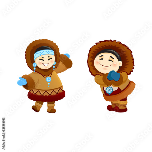 Vector illustration of a cheerful cartoon Eskimo woman with a national blue turquoise ornament on her head in a warm fur coat with blue mittens talking to an Indian Chukchi husband, Mongolian family