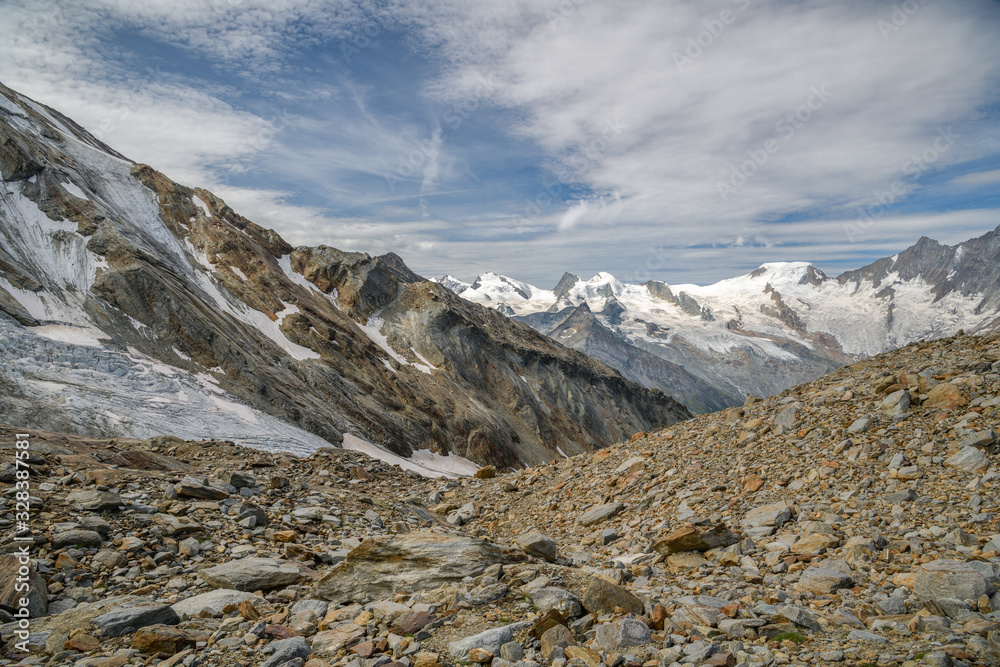 Amazing view on Fee glacier and many 4000 peaks above the Saas-Fee village in Switzerland Amazing view on Fee glacier and many 4000 peaks above the Saas-Fee village in Switzerland