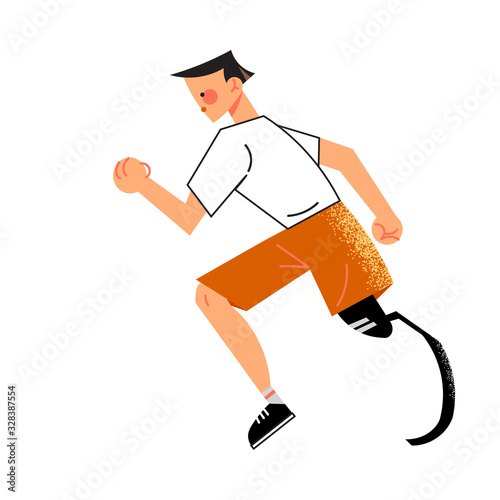 Disabled man with prosthesis instead of leg running making sport
