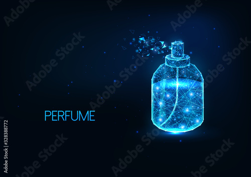 Futuristic glowing low polygonal perfume spray bottle isolated on dark blue background.