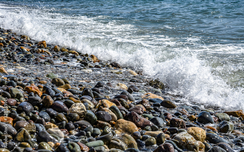 Fototapeta Naklejka Na Ścianę i Meble -  A beach on which a sea wave rolls. Summer sunny day. Sea travel, vacation and adventure.