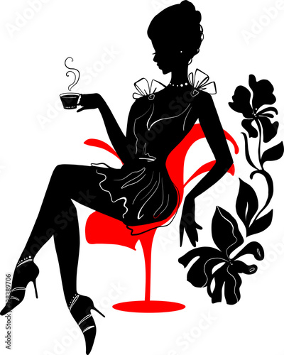 Elegant silhouette of beautiful woman with a cup of coffee or tea. Beautiful silhouette for stylish and luxurious design of vintage style