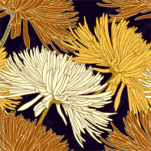 Seamless pattern with chrysanthemums in gold on black for decoration textile and cloth or for wallpaper and draper or for background of different things