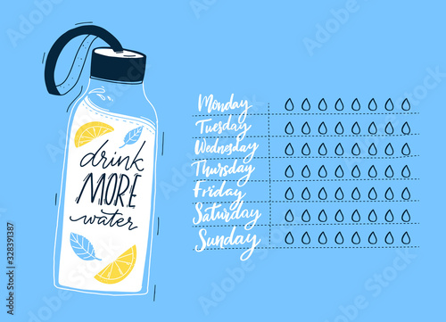 Daily water tracker, handwritten days of week and checklist drops of water. Reusable sport bottle illustration with lemon and herbs on blue background.