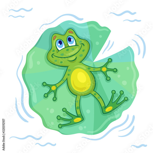 A dreamy frog swims on a large green leaf and looks up at the sky. In cartoon style. Isolated on white background. Vector illustration.