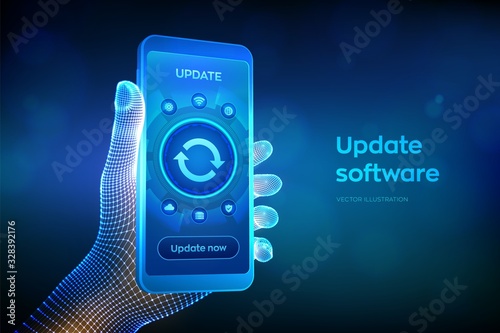 Update Software. Upgrade Software version concept on smartphone screen. Computer program upgrade business technology internet concept. Closeup smartphone in wireframe hand. Vector illustration.
