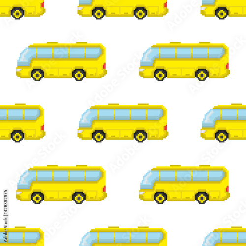 Pixel yellow buses isolated on white background. Seamless pattern. Side view. Vector graphic illustration. Texture.