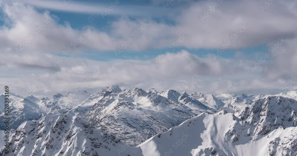 Zeitraffer im Winter mit schnell ziehenden Wolken über den Lechtaler und Allgäuer Alpen bei teilweise blauem Himmel