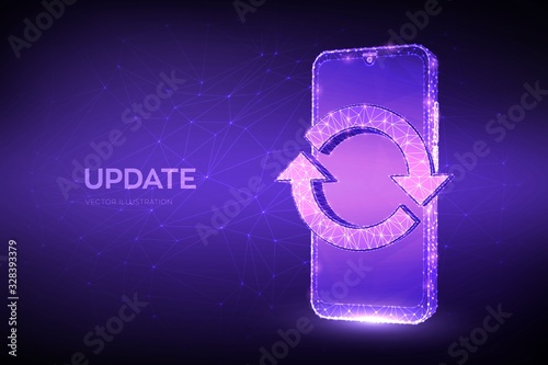 Update, Synchronization, Processing concept. Abstract low polygonal smartphone with update or sync sign. Can be used for topics like refresh, recycling, reload. 3D polygonal vector illustration.