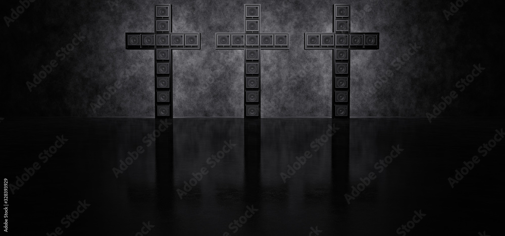 Three crosses made up of guitar amps in a dark space against a concrete wall. 3D Render