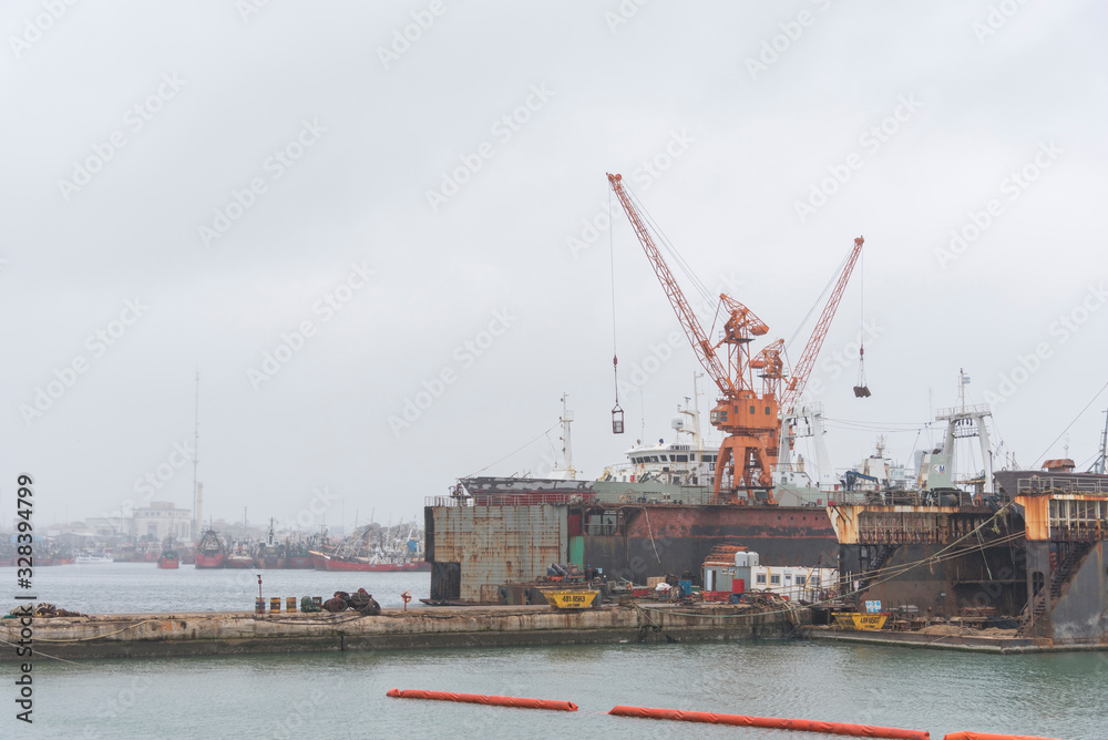 Active machinery, cranes working in the port of Mar del Plata, Argentina