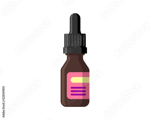 Medical nasal drops brown bottle for nose rhinitis treatment or eyes. Cosmetic natural organic essential oil for hair. Colorful flat medicine pharmaceutical storage tank vector illustration