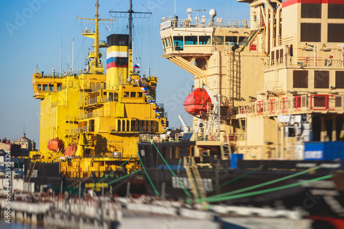 View of a massive russian diesel-powered icebreaker ice-breaker ship in a summer day