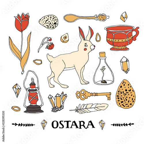 Ostara symbols set. Celtic calendar concept. Spring equinox elements and hand written lettering. Rabbit, Easter eggs, magic crystals, tulip, vintage tea cup, feather, old lantern, seeds and berries