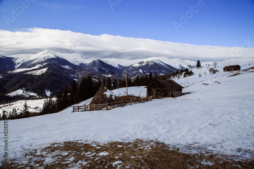 Walking near strong place Vuhatiy Kamin in the higest mountain village Dzembronya photo