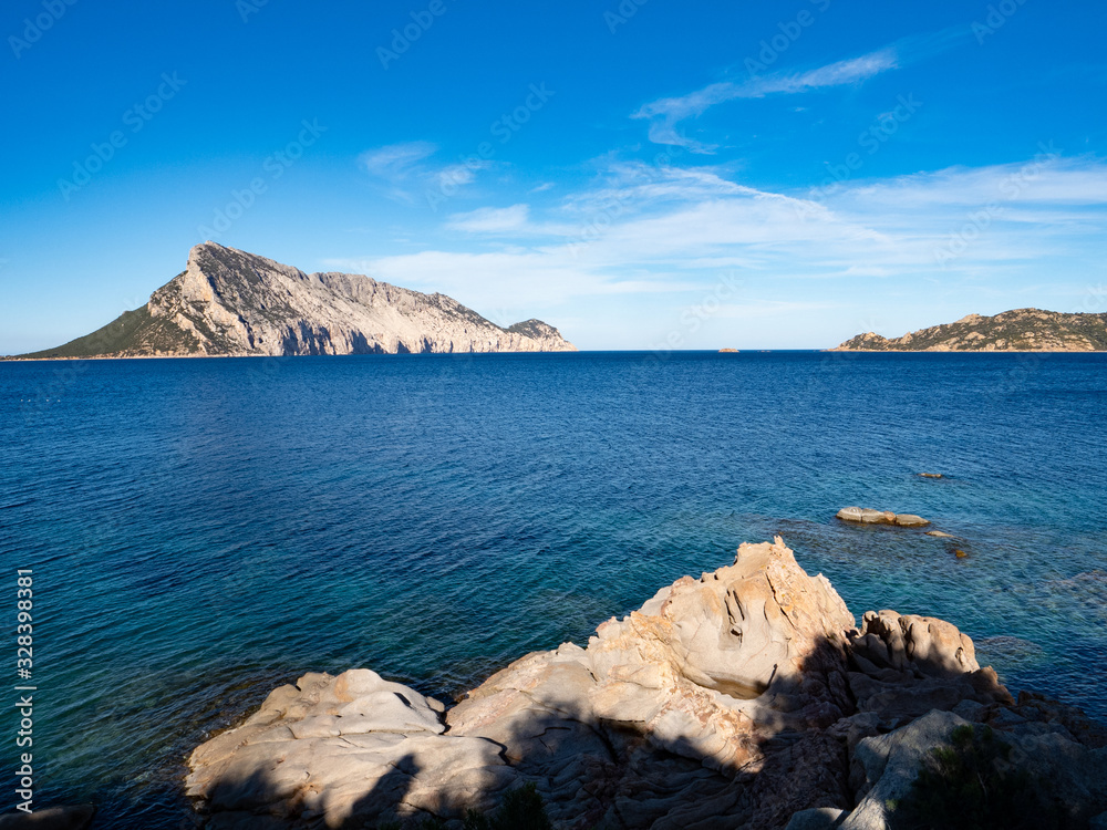 Naklejka premium Aerial view of Tavolara Island from Cala Girgolu ,Gallura,Sardinia