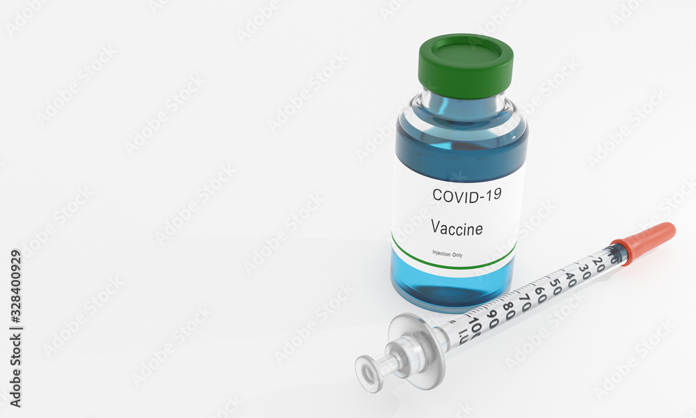 Covid-19 virus nCoV Concept. Virus vaccine for injection with syringe. Medicine bottle for injection. Medical glass vials and syringe for vaccination. 3D Rendering. Covid-19 virus nCoV Concept. Virus vaccine for injection with syringe. Medicine bottle for injection. Medical glass vials and syringe for vaccination. 3D Rendering.