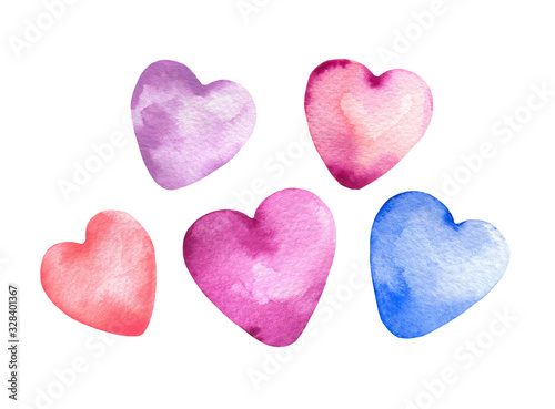 Watercolor five pink, purple, blue hearts set isolated on white. Aquarelle love romantic illustration. Valentines day hand painted art collection. Clipart for banner, greetings, card, wedding design
