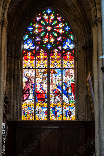 Tours, France - 02/20/20 : Religious Stained glass. Tours's cathedral. Cathedral Saint Gatien'interior. Inside the cathedral with vibrant colors. 
