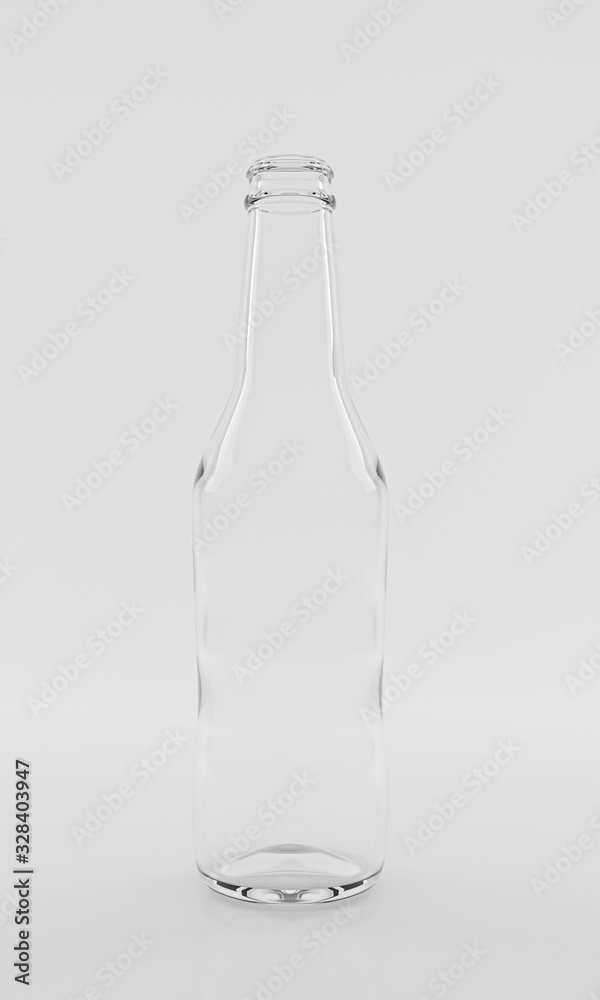 empty liquor bottle on a white background. Front view of empty clear glass bottle isolated on white