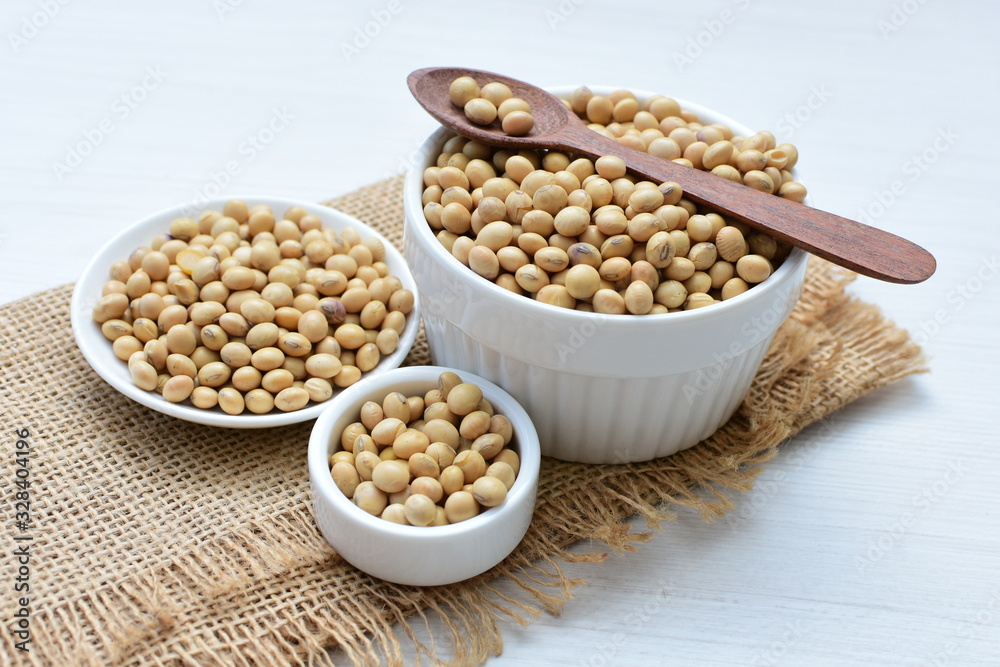 Raw soybeans (Glycine max) displayed in containers Raw soybeans (Glycine max) displayed in containers