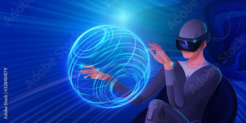 A woman in a virtual reality helmet controls the flow of information. Vector image of modern technologies for communication, games, creativity. Banner in blue tones. EPS10