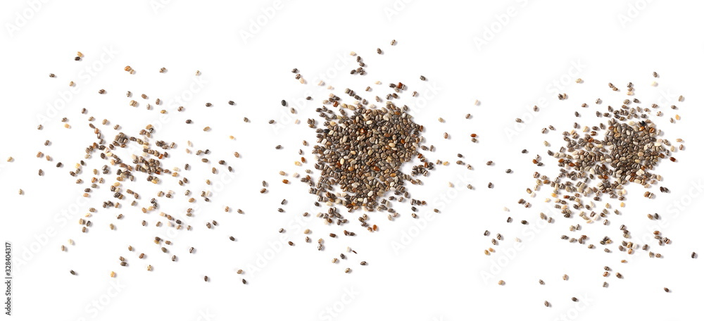Set chia seeds isolated on white background, top view Set chia seeds isolated on white background, top view