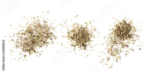 Set dried oregano, spice pile isolated on white background, top view