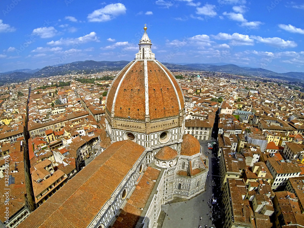 Filippo Brunelleschi's Dome on the Florence Cathedral, or Duomo di Firenze, formerly called Cattedrale di Santa Maria del Fiore, in Florence, Italy.
