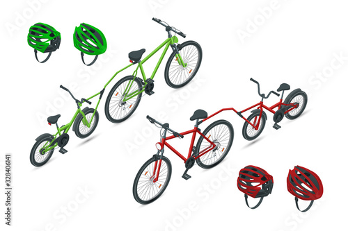 Isometric Trailer cycle or Bicycle attachment. Tandem bike and helmet bicycle rear and front view isolated on white.