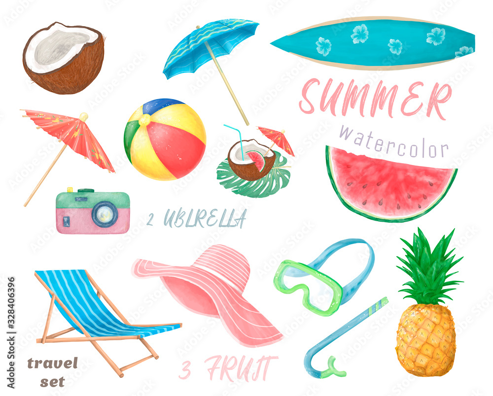 Set of cute summer icons: food, drinks, palm leaves, fruits. Bright summertime poster. Collection of scrapbooking elements for beach party