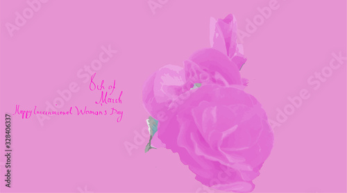 Pale roses on pink background greeting card glamourus international woman's day original text 8 march individual font pastel rouge