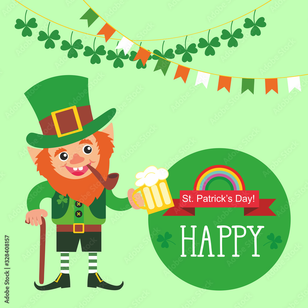 template for St. Patrick's Day greeting card. Leprechaun with a beer. template for St. Patrick's Day greeting card. Leprechaun with a beer.
