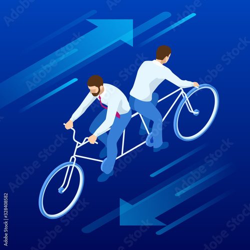 Isometric competition Businessman on bicycle tandem ride in different directions.