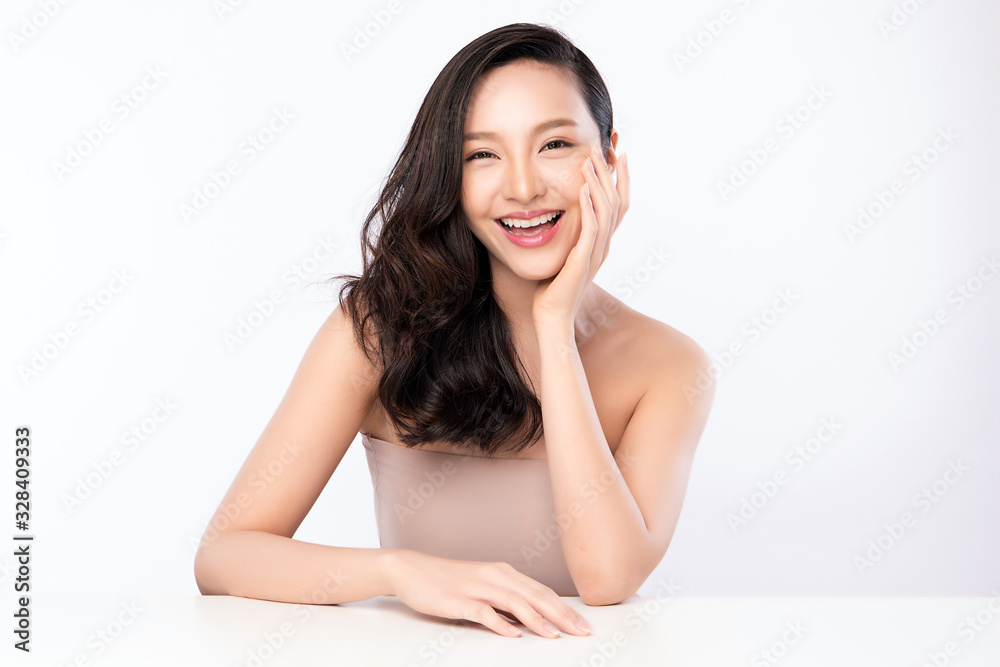 Portrait beautiful young asian woman clean fresh bare skin concept. Asian girl beauty face skincare and health wellness, Facial treatment, Perfect skin, Natural makeup, on white background, Portrait beautiful young asian woman clean fresh bare skin concept. Asian girl beauty face skincare and health wellness, Facial treatment, Perfect skin, Natural makeup, on white background,