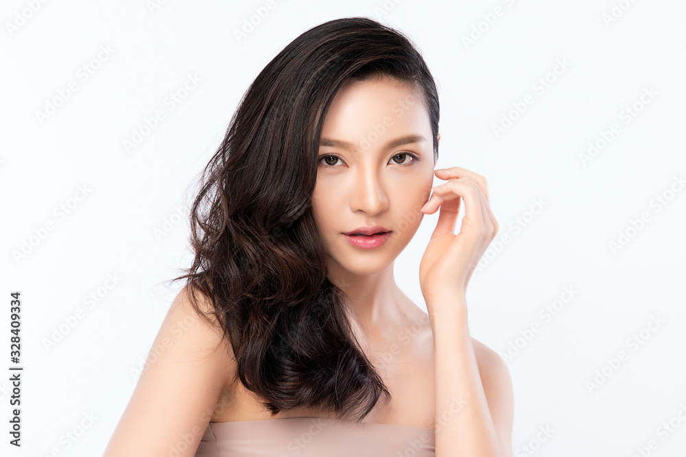 Portrait beautiful young asian woman clean fresh bare skin concept. Asian girl beauty face skincare and health wellness, Facial treatment, Perfect skin, Natural makeup, on white background, Portrait beautiful young asian woman clean fresh bare skin concept. Asian girl beauty face skincare and health wellness, Facial treatment, Perfect skin, Natural makeup, on white background,