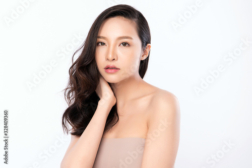 Portrait beautiful young asian woman clean fresh bare skin concept. Asian girl beauty face skincare and health wellness, Facial treatment, Perfect skin, Natural makeup, on white background,