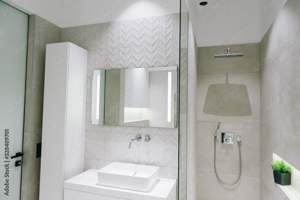 Modern luxury bathroom interior, beautiful minimalistic design with shower, sink and mirrir Modern luxury bathroom interior, beautiful minimalistic design with shower, sink and mirrir