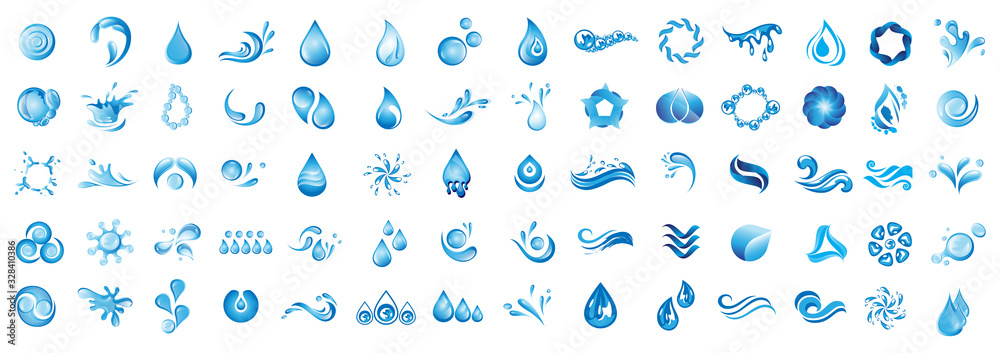 Water Splash Vector And Drop Logo Set - Isolated On White Background. Vector Collection Of Flat Water Splash and Drop Logo. Icons For Droplet, Wave, Rain, Raindrop, Company Logo And Bubble Design