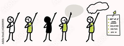 Hand drawn stick figure pondering pose. Concept of lecture, explanation or talk. Simple vector stickman line art icon. Symbol sign with speech bubble. Isolated set of 5 in simple crayon doodle color.