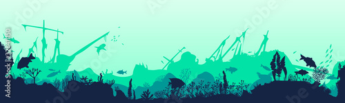 Silhouette of algae reef fish. Underwater scene of the ocean, sea landscape. Ocean flora with marine life and coral reefs. nature under water. vector