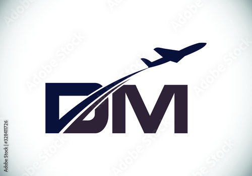 A silhouette of an airplane ascends, leaving a dynamic swoosh behind it, over the prominent dark blue letters DM.