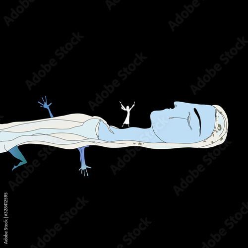 Fantastic surreal art with two characters. Huge lying dead woman. Illustration to horror novella Viy by Ukrainian writer Nikolai Gogol. Pannochka and  Khoma Brut. Hand drawn original style vector art.