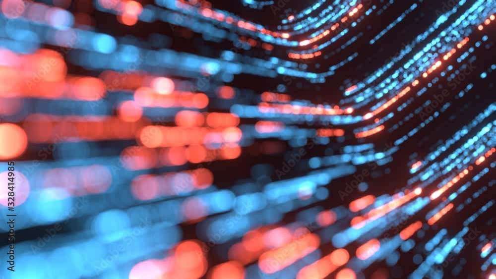 Seamless loop of trailing blur bokeh lights. Representing binary data transfer or transmitting. Concept of technology, digital computer processing, telecom business background
